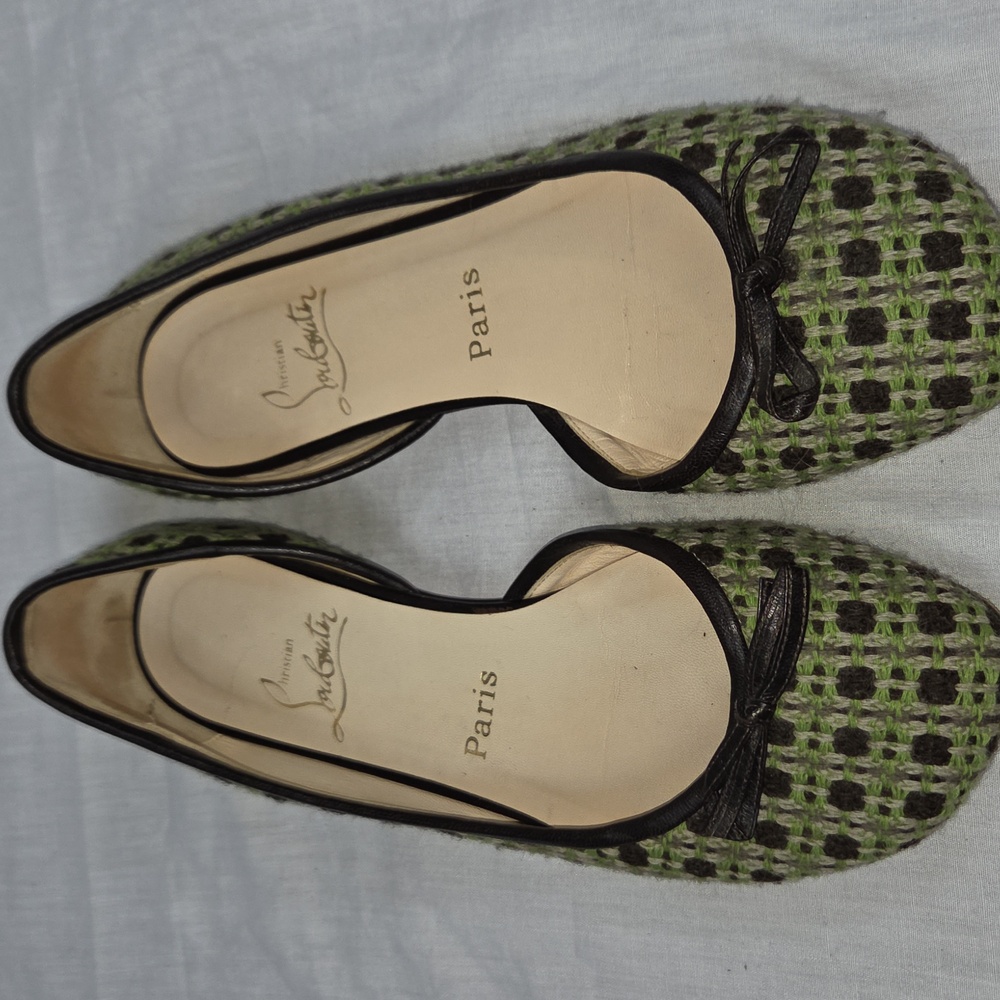 Christian Louboutin Green And Brown Tweed Flats Size 38 7.5 - 8